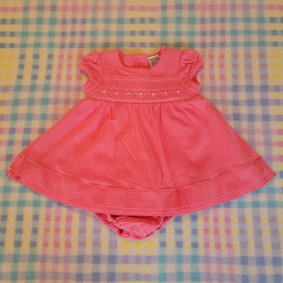 LITTLE ME 🌺 Vintage 2pc Coral Smocked Floral Embroidery Ruffled Dress Outfit 3M - Picture 1 of 17